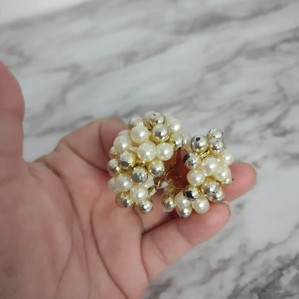 Vintage 80s Clip On Earrings Faux Pearl Bead Strands Dangle Statement 1.5